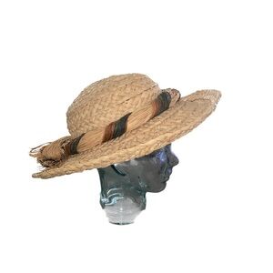 Vintage Tan Straw Hat Multicolor Band straw bow cottagecore gardening sun hat